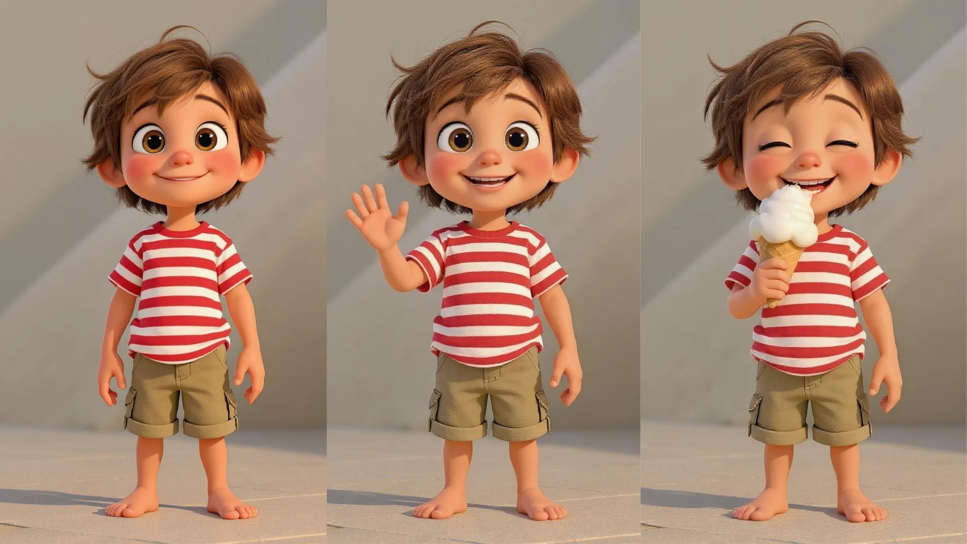 The same cartoon character generated in three poses with an identical face, hair, and outfit