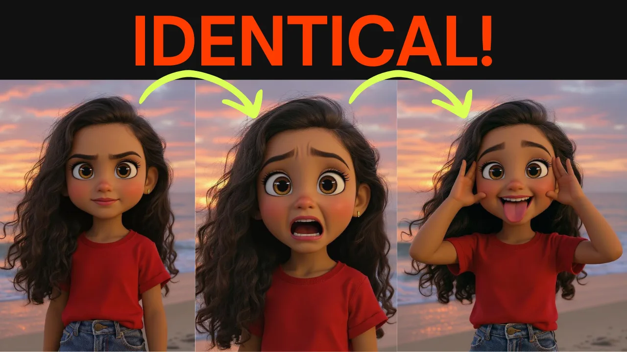 The same cartoon character in three expressions, identical face and outfit